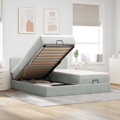 Estructura cama otomana colchones terciopelo gris claro