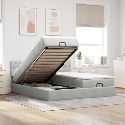 Estructura cama otomana colchones terciopelo gris claro