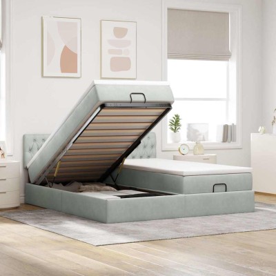 Estructura cama otomana colchones terciopelo gris claro