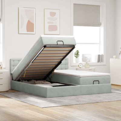 Estructura cama otomana colchones terciopelo gris claro