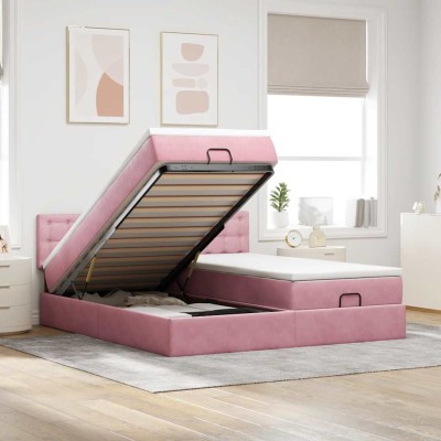 Estructura de cama otomana colchones terciopelo rosa 200x200cm