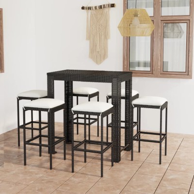 Set muebles bar jardín 7 piezas y cojines ratán sintético negro