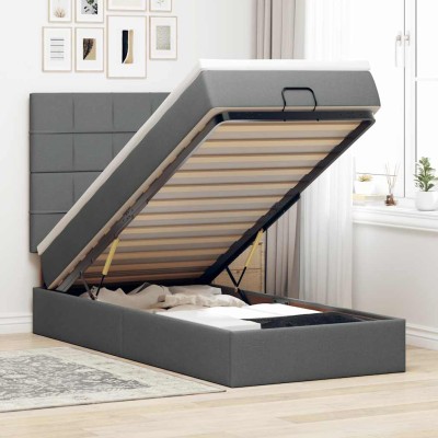 Cama otomana con colchón gris oscuro 90x200 cm tela