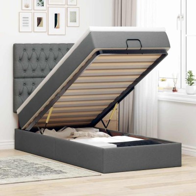 Cama otomana con colchón gris oscuro 90x200 cm tela