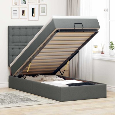Estructura cama otomana colchón tela gris oscuro
