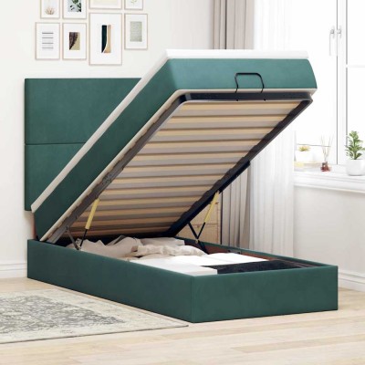 Estructura de cama otomana colchones terciopelo verde oscuro