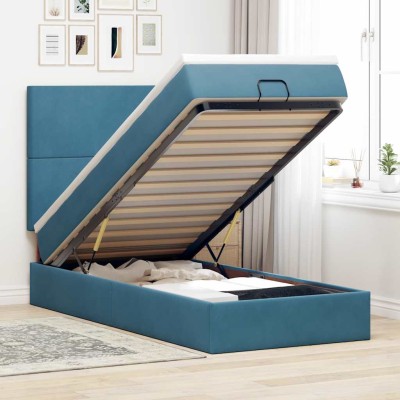 Estructura de cama otomana colchones terciopelo azul oscuro