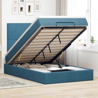 Estructura de cama otomana colchones terciopelo azul oscuro