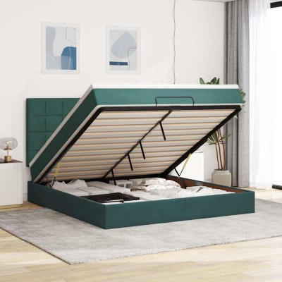 Estructura de cama otomana colchones terciopelo verde oscuro