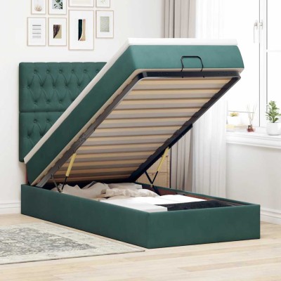 Estructura de cama otomana colchones terciopelo verde oscuro