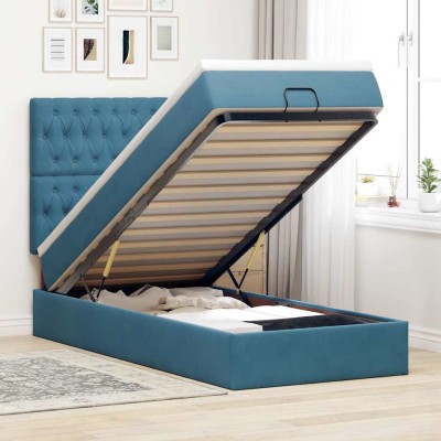 Estructura de cama otomana colchones terciopelo azul oscuro