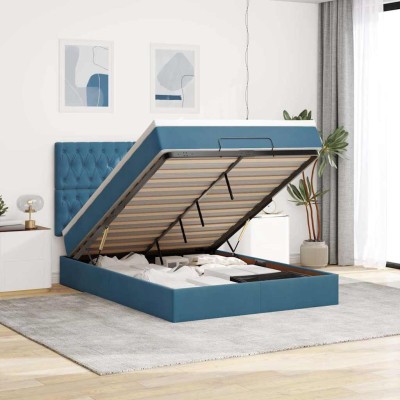 Estructura de cama otomana con colchones terciopelo azul oscuro