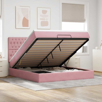 Estructura de cama otomana colchones terciopelo rosa 180x200cm