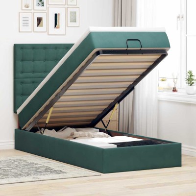 Estructura de cama otomana colchones terciopelo verde oscuro