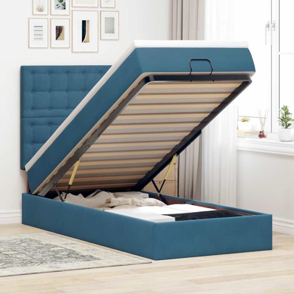 Estructura de cama otomana colchones terciopelo azul oscuro