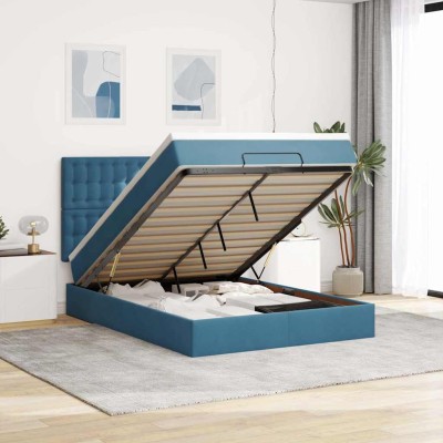 Estructura de cama otomana con colchones terciopelo azul oscuro