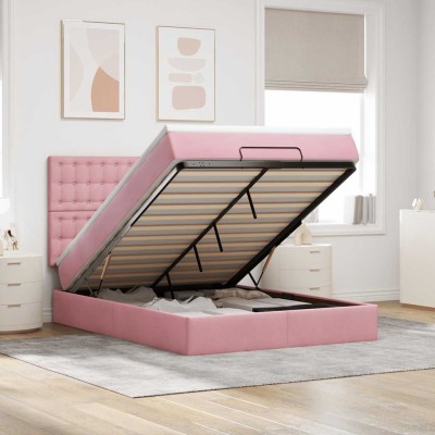 Estructura cama otomana colchones terciopelo rosa 140x200cm
