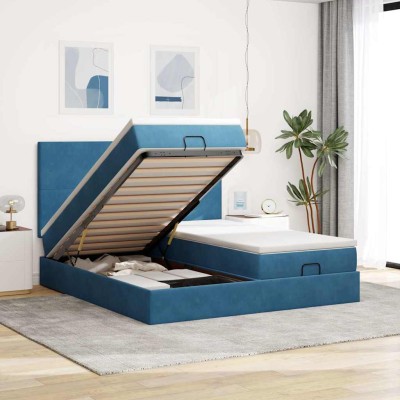 Estructura de cama otomana colchones terciopelo azul oscuro