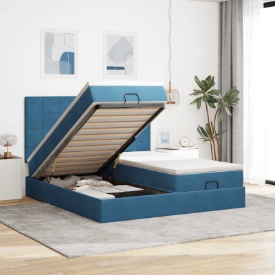 Estructura de cama otomana colchones terciopelo azul oscuro