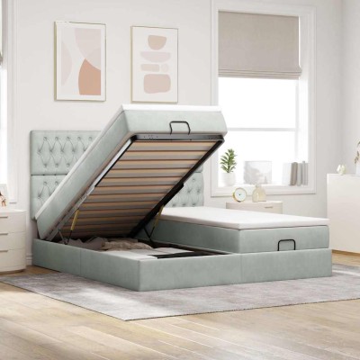 Estructura cama otomana colchones terciopelo gris claro