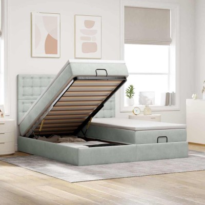 Estructura cama otomana colchones terciopelo gris claro