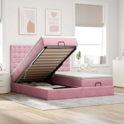 Estructura de cama otomana colchones terciopelo rosa 200x200cm