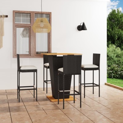 Set de muebles de bar de jardín 5 pzas y cojines ratán PE negro