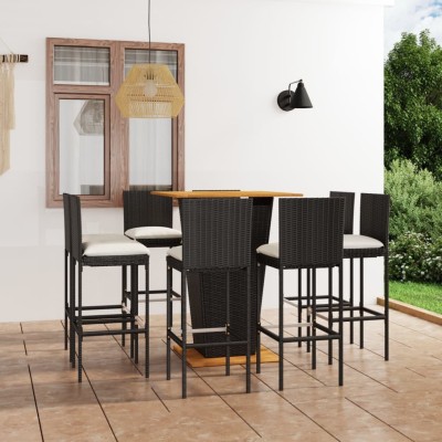 Conjunto de bar para jardín 9 pzas con cojines ratán PE negro