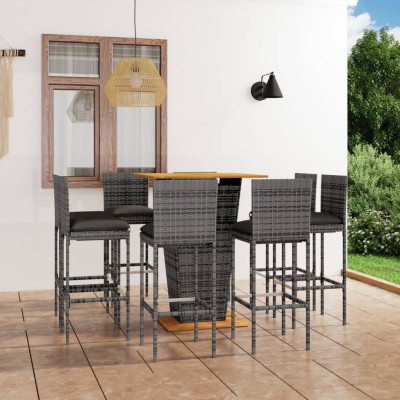 Set de muebles de bar de jardín 9 pzas y cojines ratán PE gris