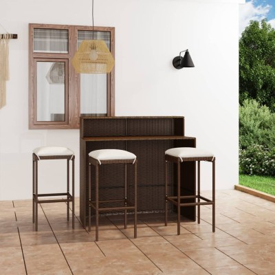 Juego de muebles de bar para jardín 4 piezas y cojines marrón