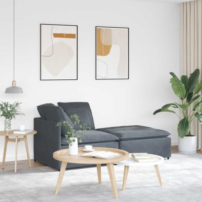 Sofá modular con reposapiés y cojines en terciopelo gris oscuro