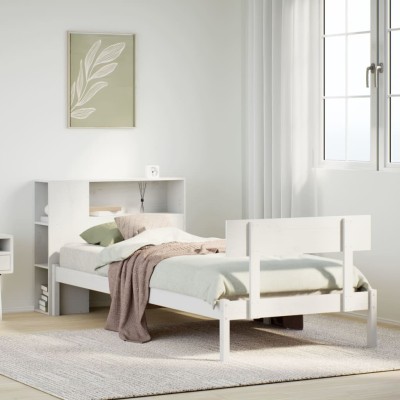 Cama con estantería sin colchón madera maciza blanca 75x190 cm