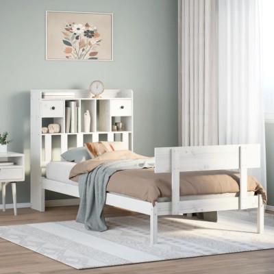 Cama con estantería sin colchón madera maciza blanca 75x190 cm
