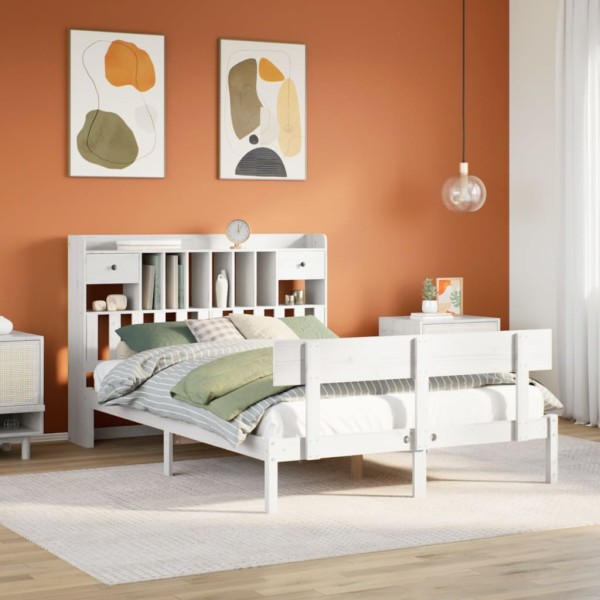 Cama con estantería sin colchón madera maciza blanca 140x190 cm