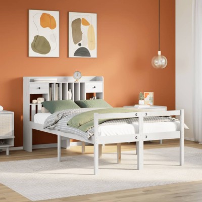 Cama con estantería sin colchón madera maciza blanca 135x190 cm