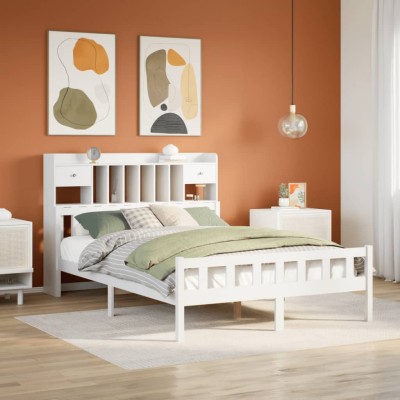 Cama con estantería sin colchón madera maciza blanca 160x200 cm