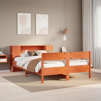 Cama con estantería sin colchón madera maciza marrón 135x190cm