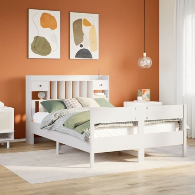Cama con estantería sin colchón madera maciza blanca 160x200 cm