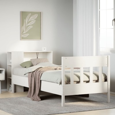 Cama con estantería sin colchón madera maciza blanca 75x190 cm