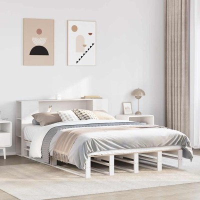 Cama con estantería sin colchón madera maciza blanca 140x200 cm