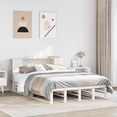 Cama con estantería sin colchón madera maciza blanca 160x200 cm
