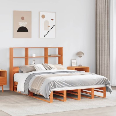 Cama con estantería sin colchón madera maciza marrón 135x190 cm