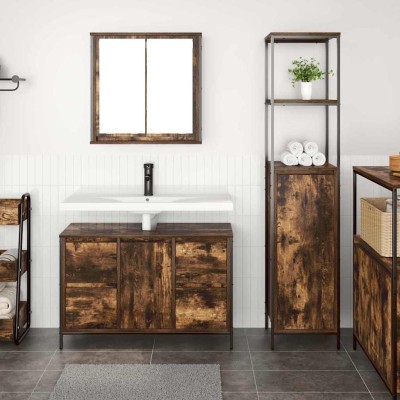 Juego de muebles de baño con cajón 2 pcs Roble ahumado y Negro