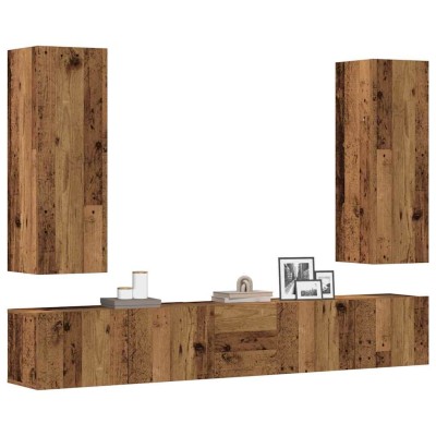 Conjunto de mueble de TV 5 piezas montado la pared madera vieja