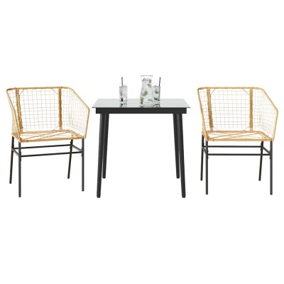 Juego de comedor jardín 3 piezas ratán sintético vidrio marrón