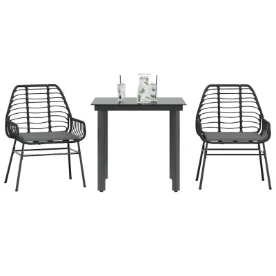 Set comedor jardín 3 pzas cojines ratán sintético vidrio negro