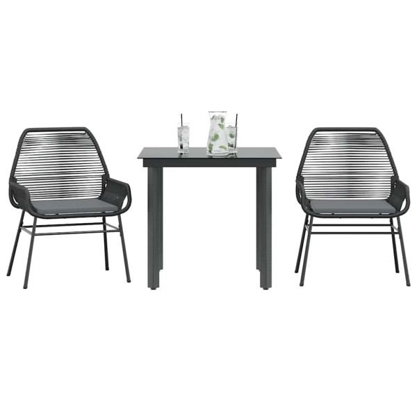Set comedor jardín 3 pzas cojines ratán sintético vidrio negro