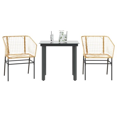 Juego de comedor jardín 3 piezas ratán sintético vidrio marrón