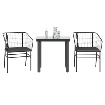 Set comedor jardín 3 pzas cojines ratán sintético vidrio negro
