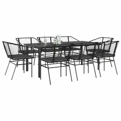 Set de comedor jardín 9 piezas cojines ratán polivinílico negro